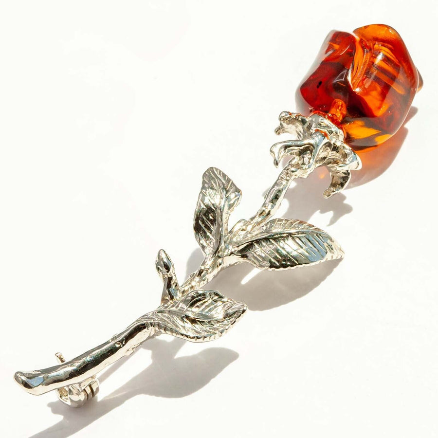 925 Solid Pure Sterling Silver Honey Baltic Amber Designer Nice Rose Brooch Pin