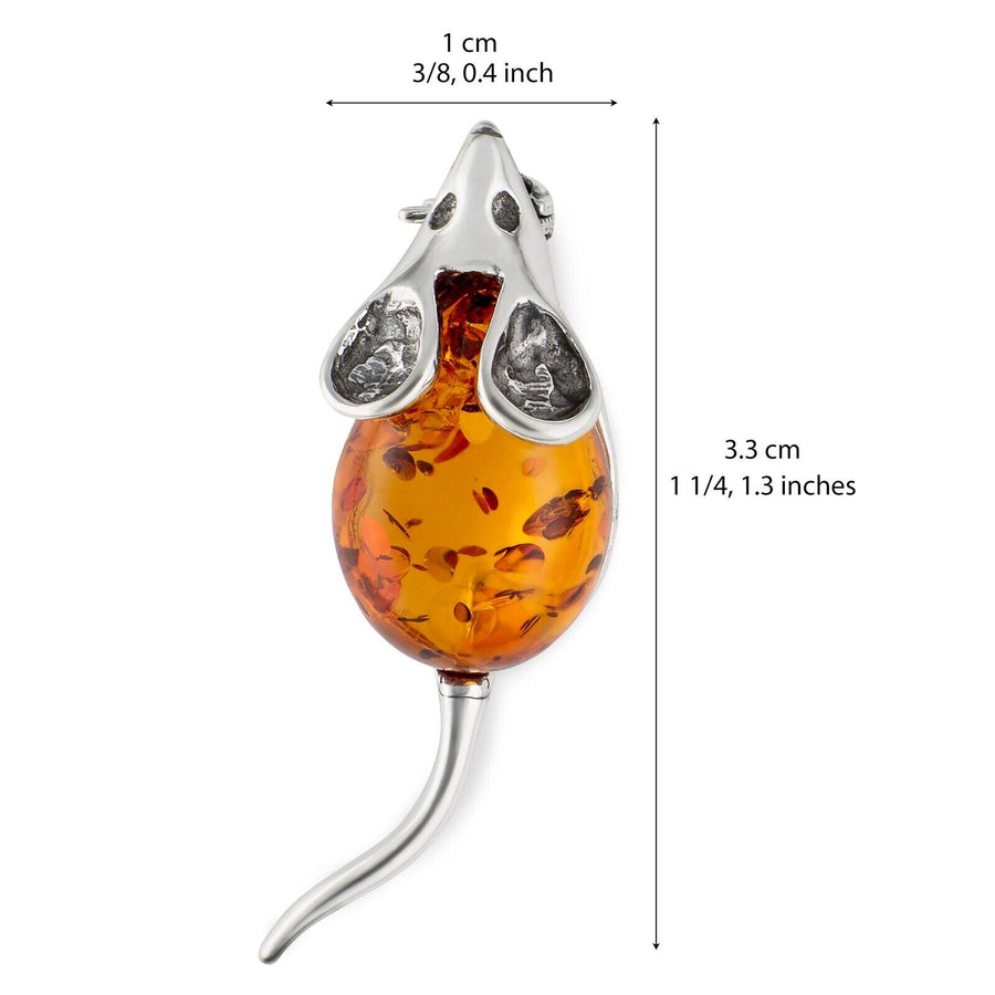 925 Solid Sterling Silver Honey Baltic Amber Cute Mouse Small Pretty Brooch Pin