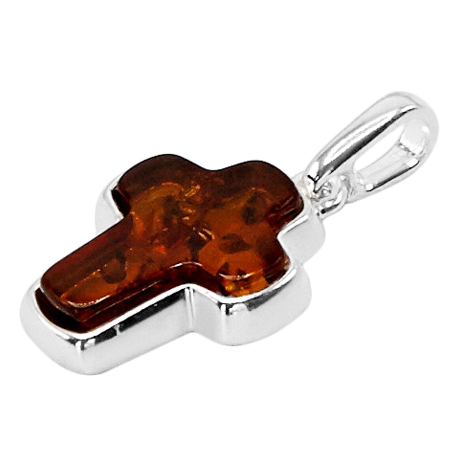 925 Solid Pure Sterling Silver Honey Baltic Amber Small Beautiful Cross Pendant