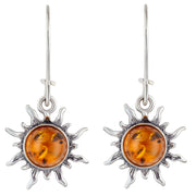 925 Solid Sterling Silver Honey Baltic Amber Sun Round Pretty Earwire Earrings