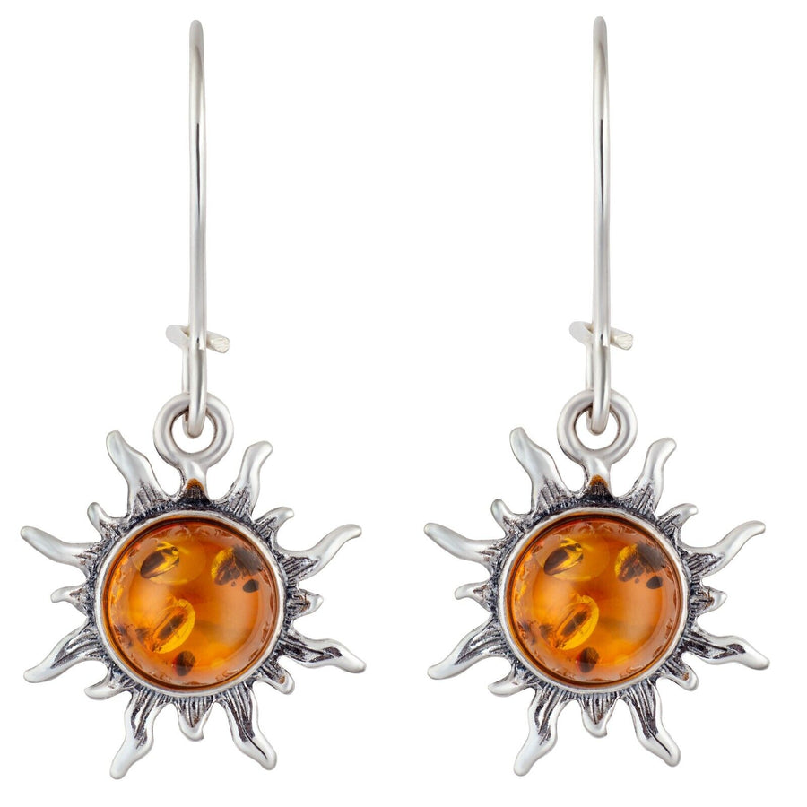 925 Solid Sterling Silver Honey Baltic Amber Sun Round Pretty Earwire Earrings