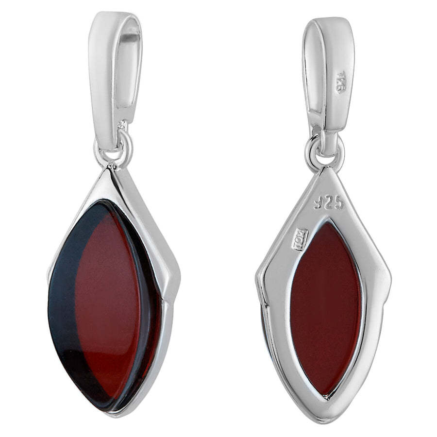 925 Solid Pure Sterling Silver Dark Red Baltic Amber Designer Marquise Pendant
