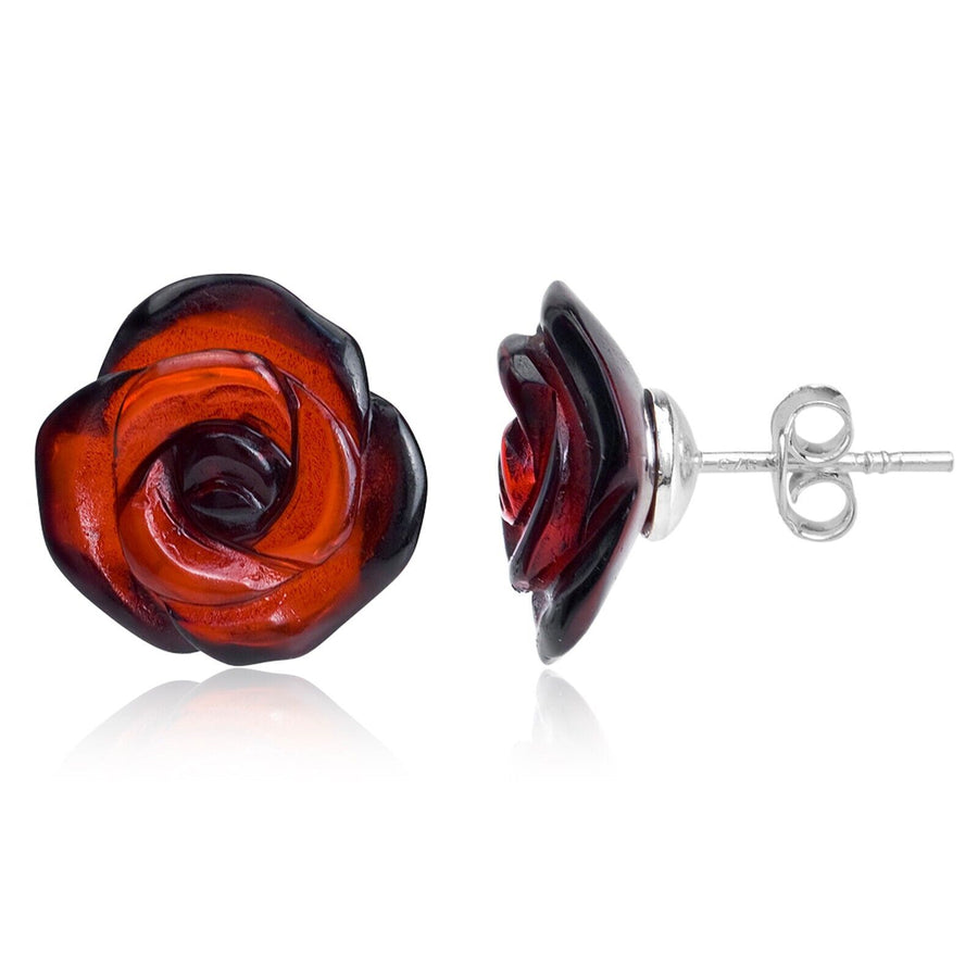 925 Solid Pure Sterling Silver Cherry Baltic Amber Designer Rose Stud Earrings