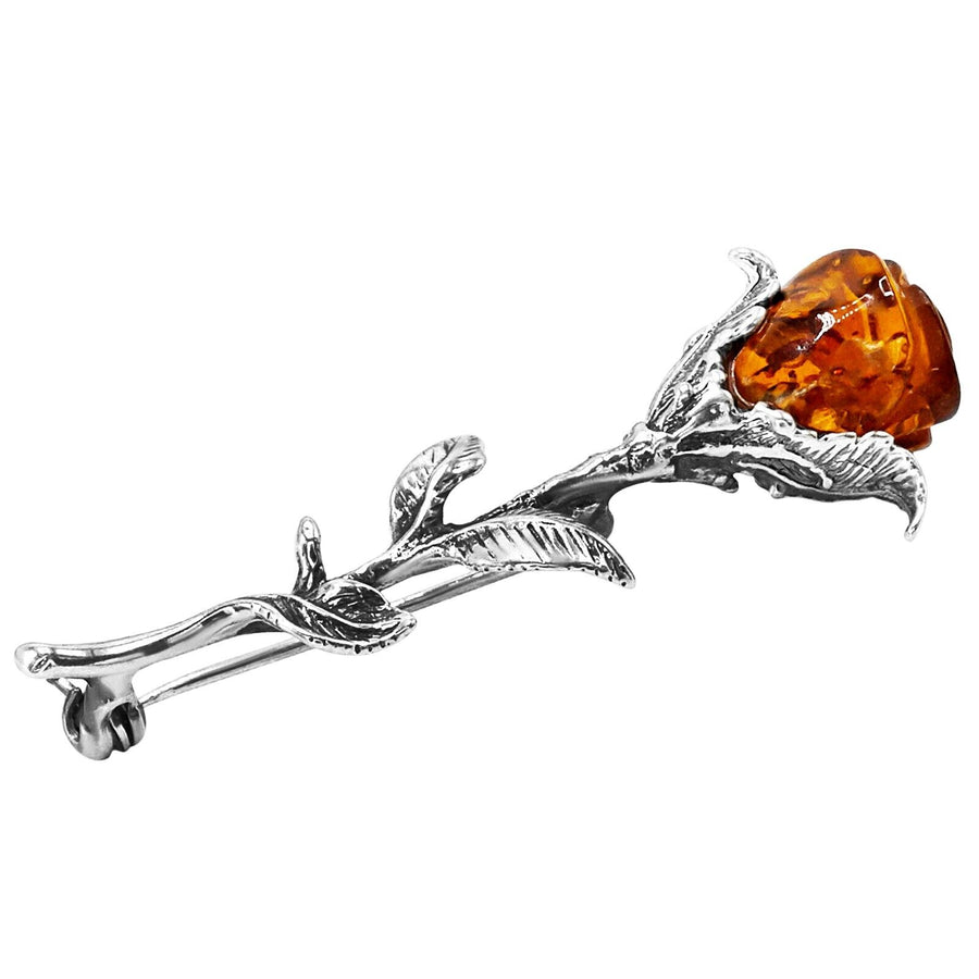 925 Solid Pure Sterling Silver Honey Baltic Amber Designer Nice Rose Brooch Pin