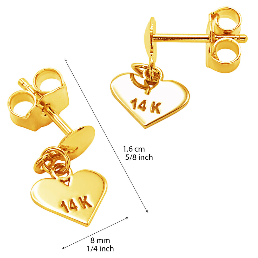 14k Solid Yellow Fine Gold Heart Love Beautiful Delicate Small Dangle Earrings