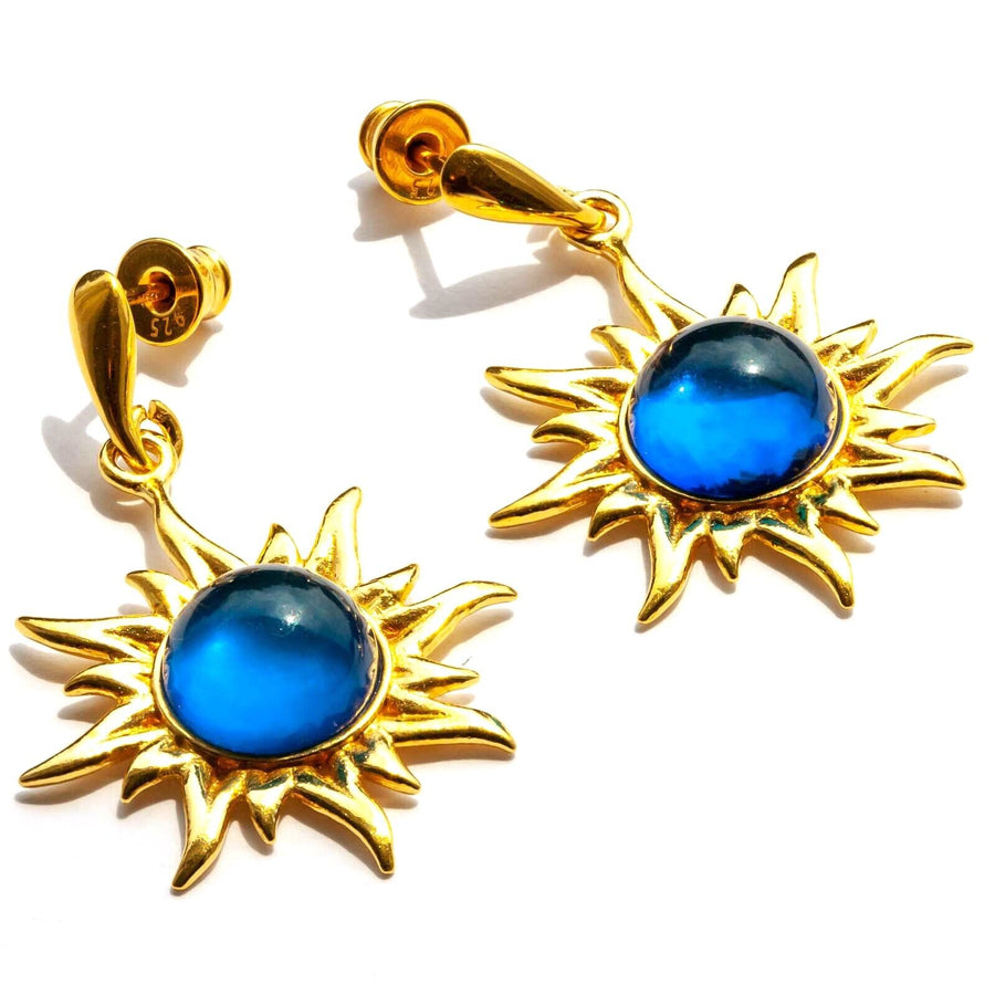 925 Solid Gold Plated Sterling Silver Blue Amber Round Flaming Sun Nice Earrings