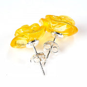 925 Solid Pure Sterling Silver Lemon Baltic Amber Designer Rose Stud Earrings
