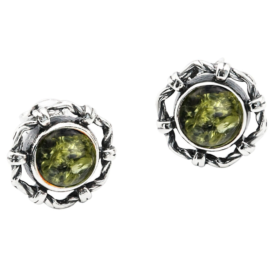925 Solid Sterling Silver Green Baltic Amber Round Classic Pretty Stud Earrings