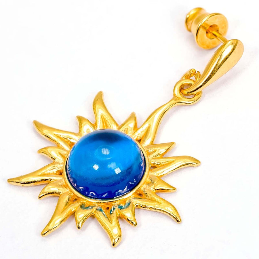 925 Solid Gold Plated Sterling Silver Blue Amber Round Flaming Sun Nice Earrings