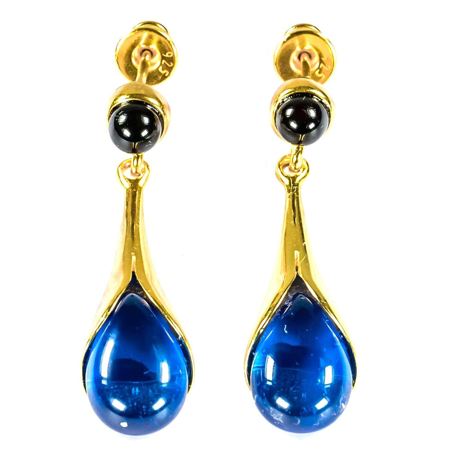 925 Solid Gold Plated Sterling Silver Blue Amber Designer Pretty Drop Earrings