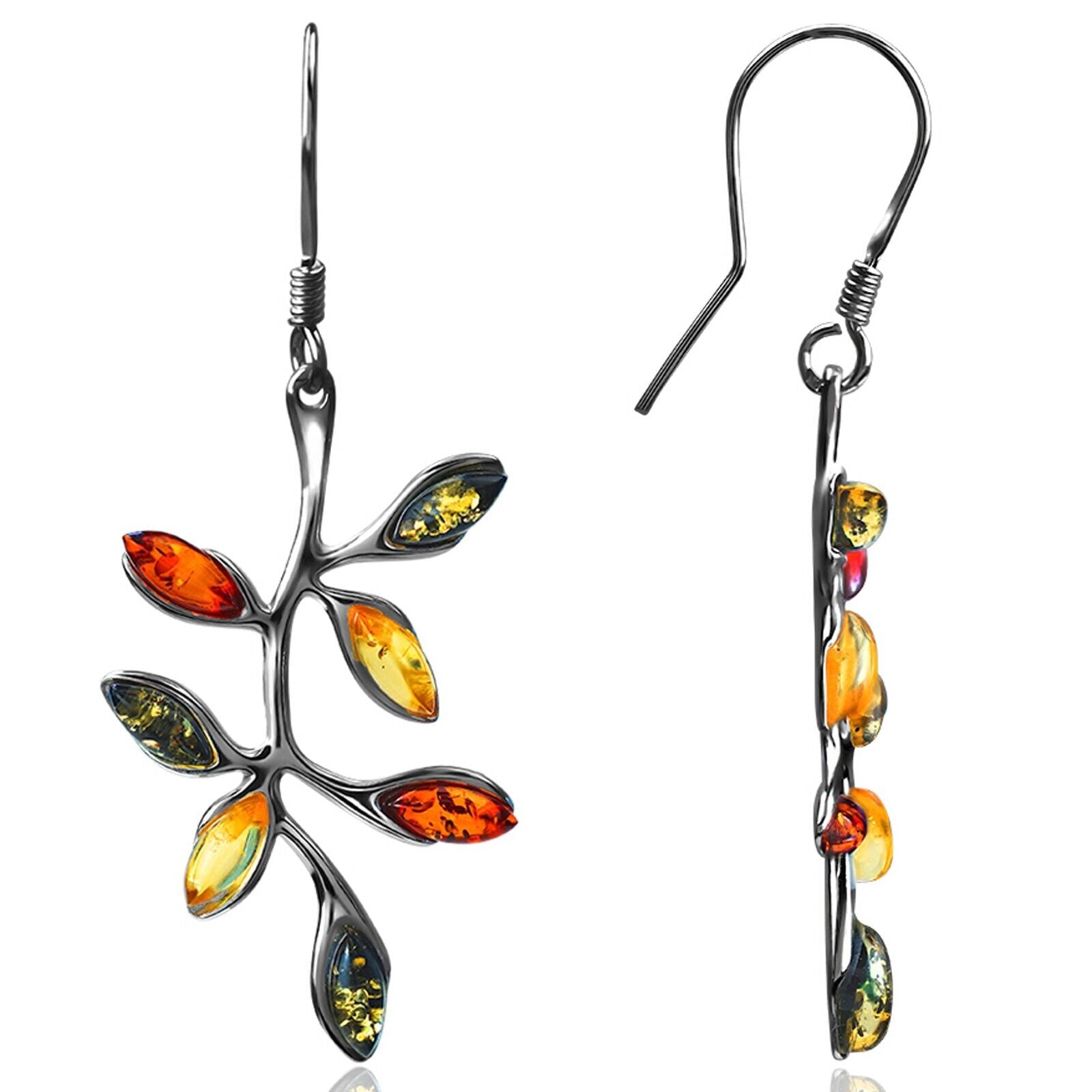 925 Solid Sterling Silver Multicolor Baltic Amber Marquise Leaves Hook Earrings