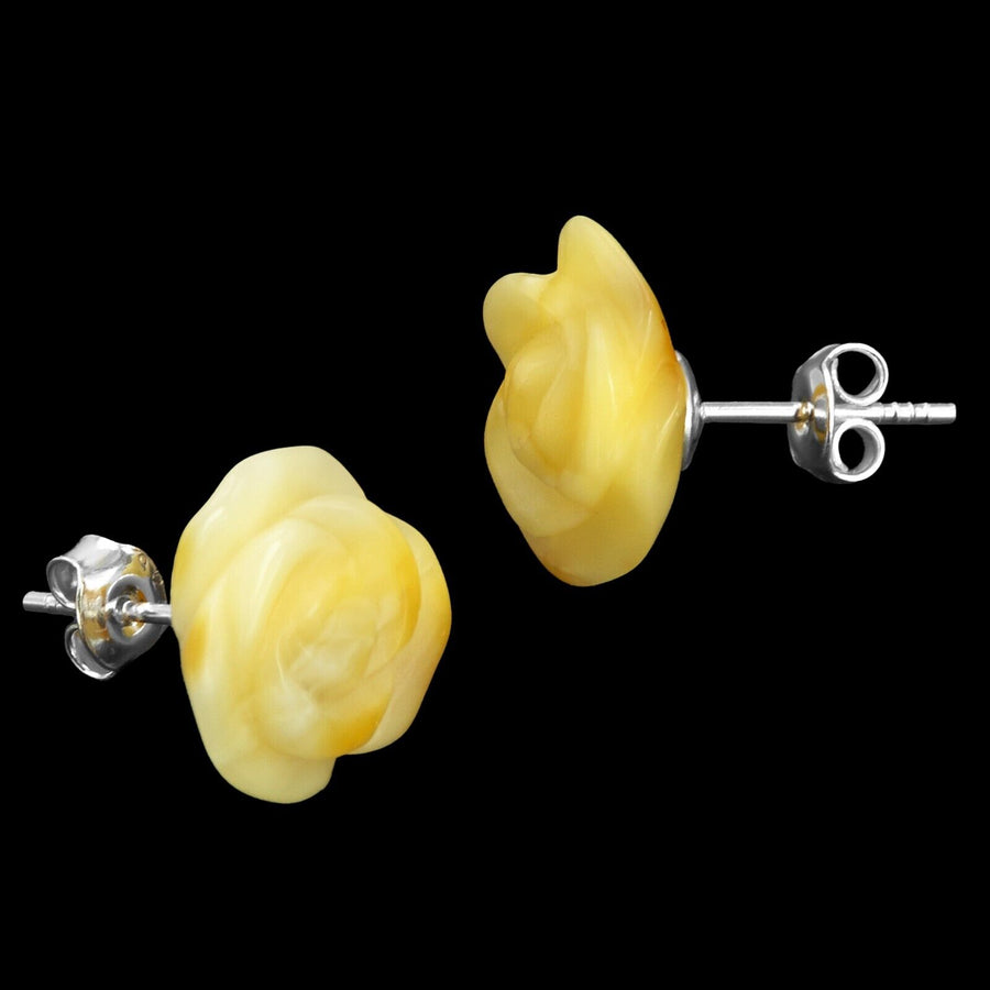 925 Solid Sterling Silver Butterscotch Baltic Amber Designer Rose Stud Earrings