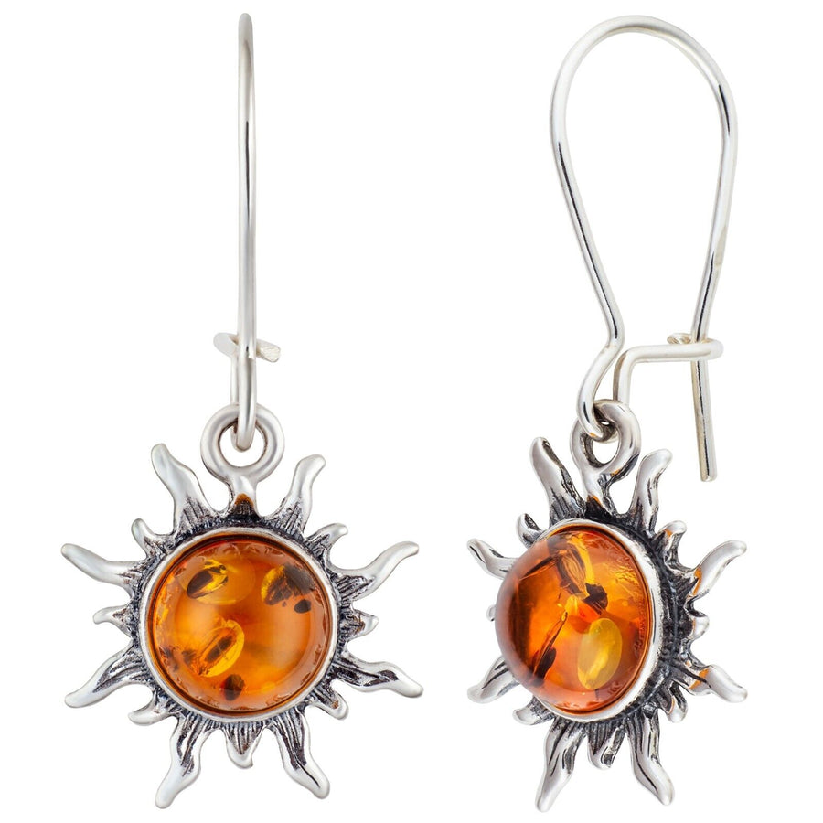 925 Solid Sterling Silver Honey Baltic Amber Sun Round Pretty Earwire Earrings