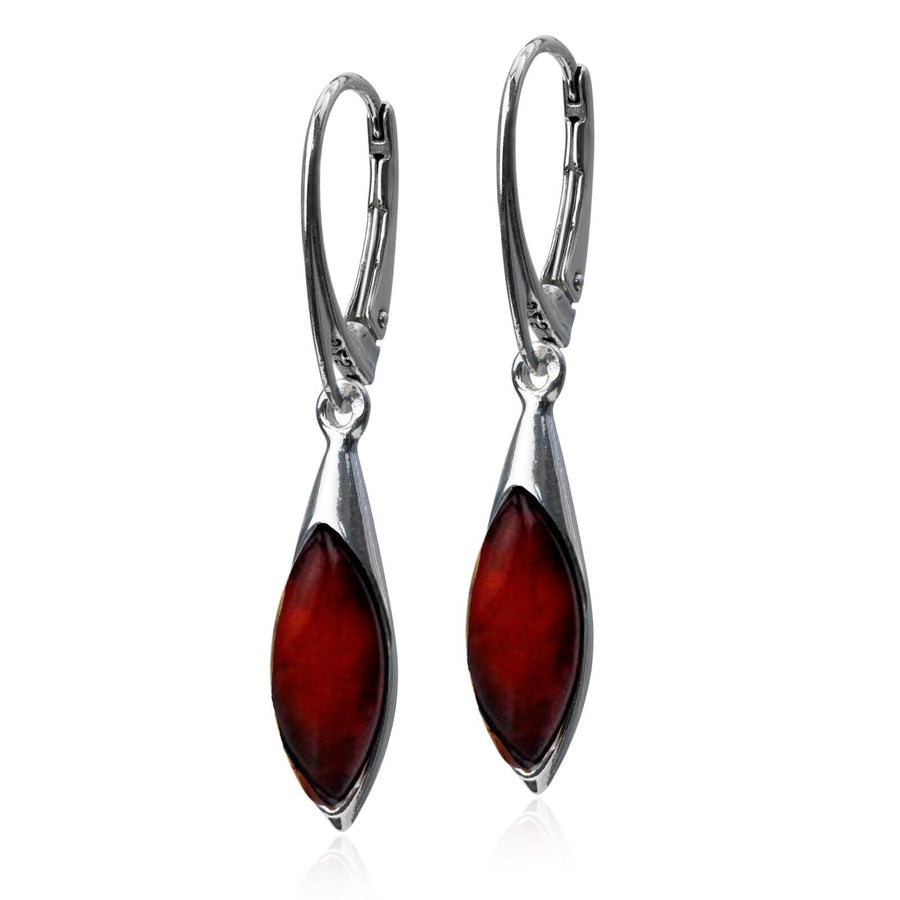 925 Solid Sterling Silver Cherry Baltic Amber Marquise Beautiful Drop Earrings