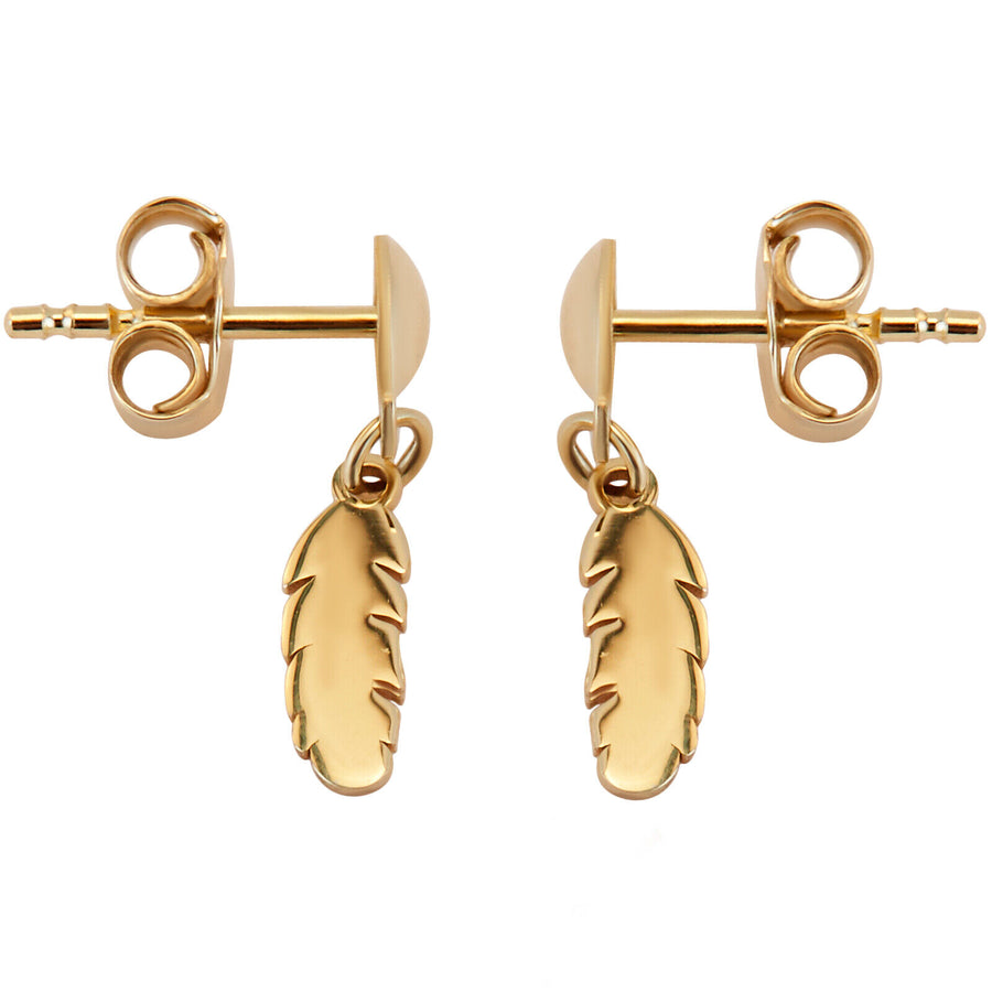 14k Solid Pure Yellow Gold Small Cute Delicate Feather Designer Dangle Earrings