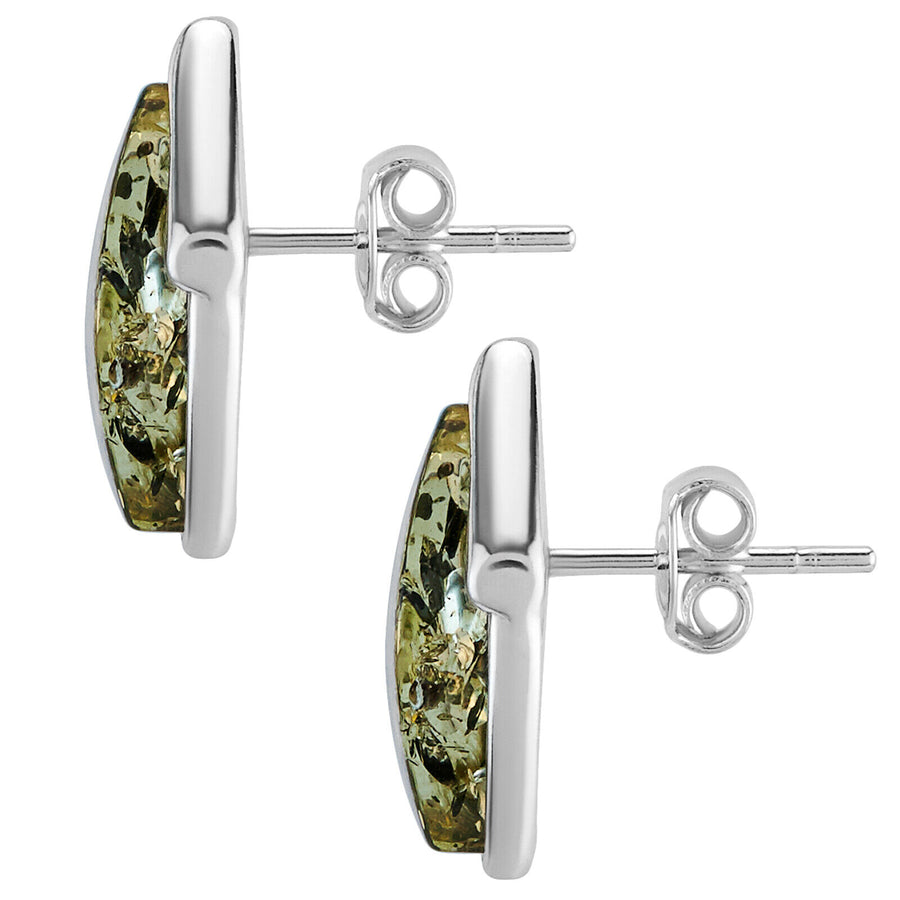 925 Solid Pure Sterling Silver Green Baltic Amber Marquise Stud Pretty Earrings