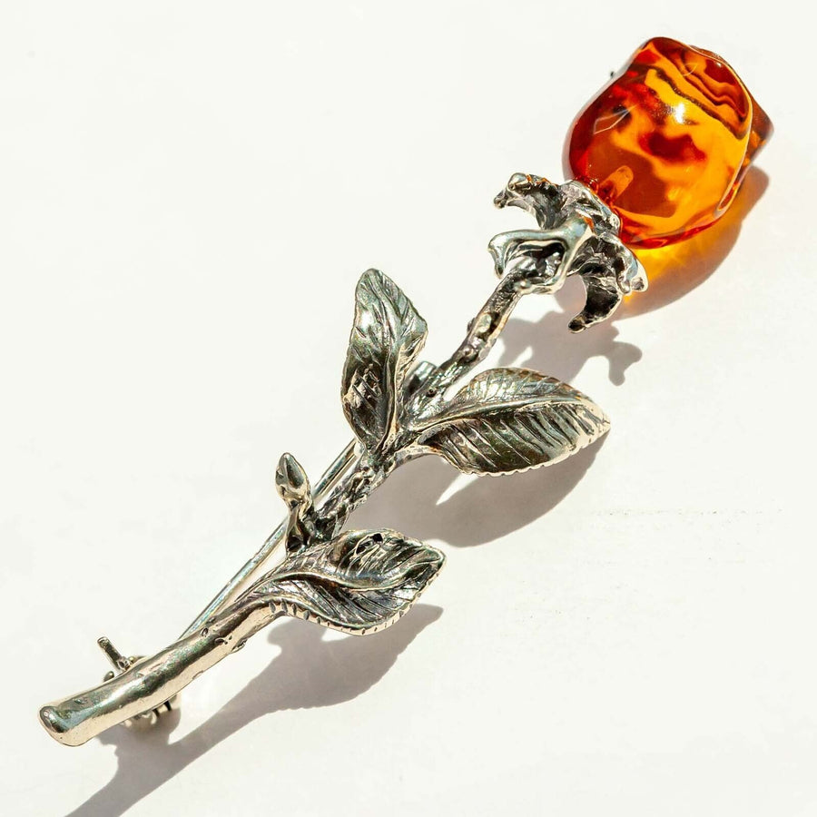 925 Solid Pure Sterling Silver Honey Baltic Amber Designer Nice Rose Brooch Pin