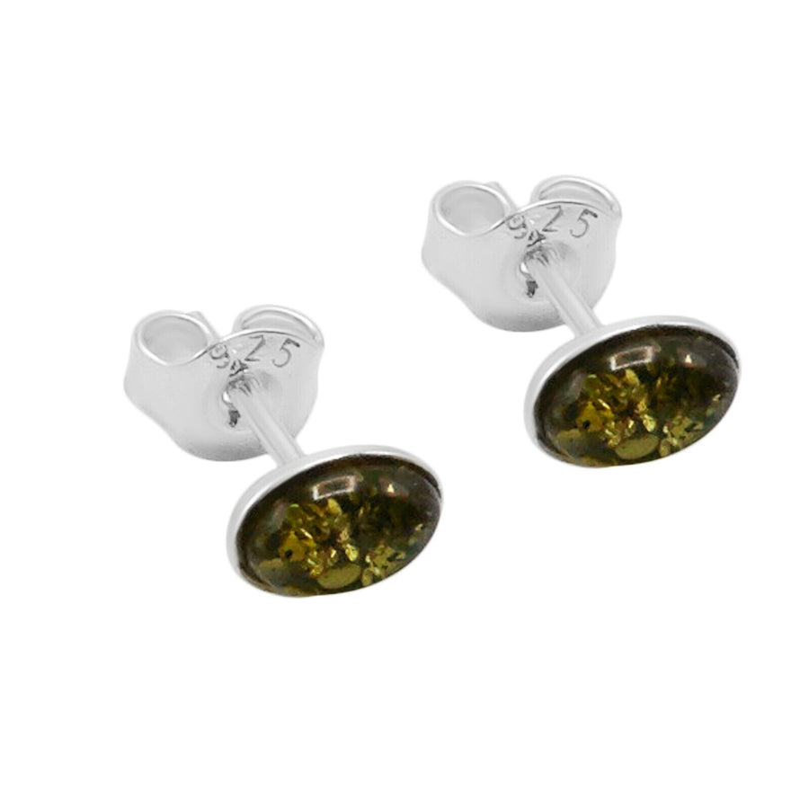 925 Solid Pure Sterling Silver Green Real Baltic Amber Oval Small Stud Earrings