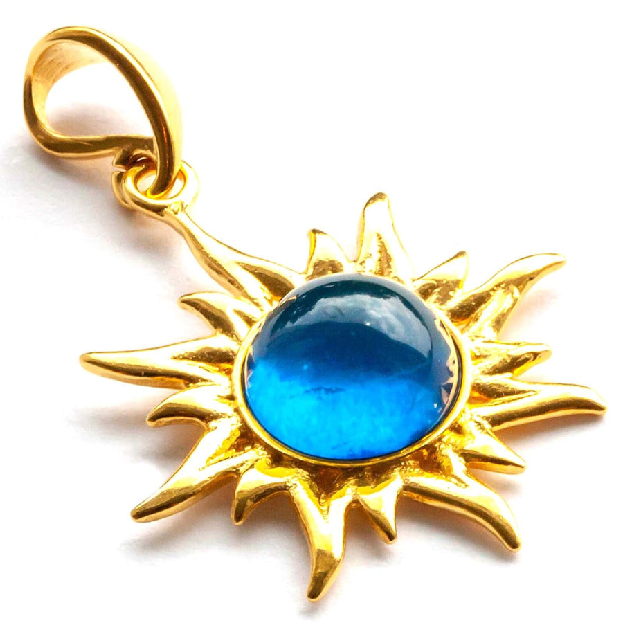 925 Solid Gold Plated Sterling Silver Blue Amber Flaming Sun Beautiful Pendant