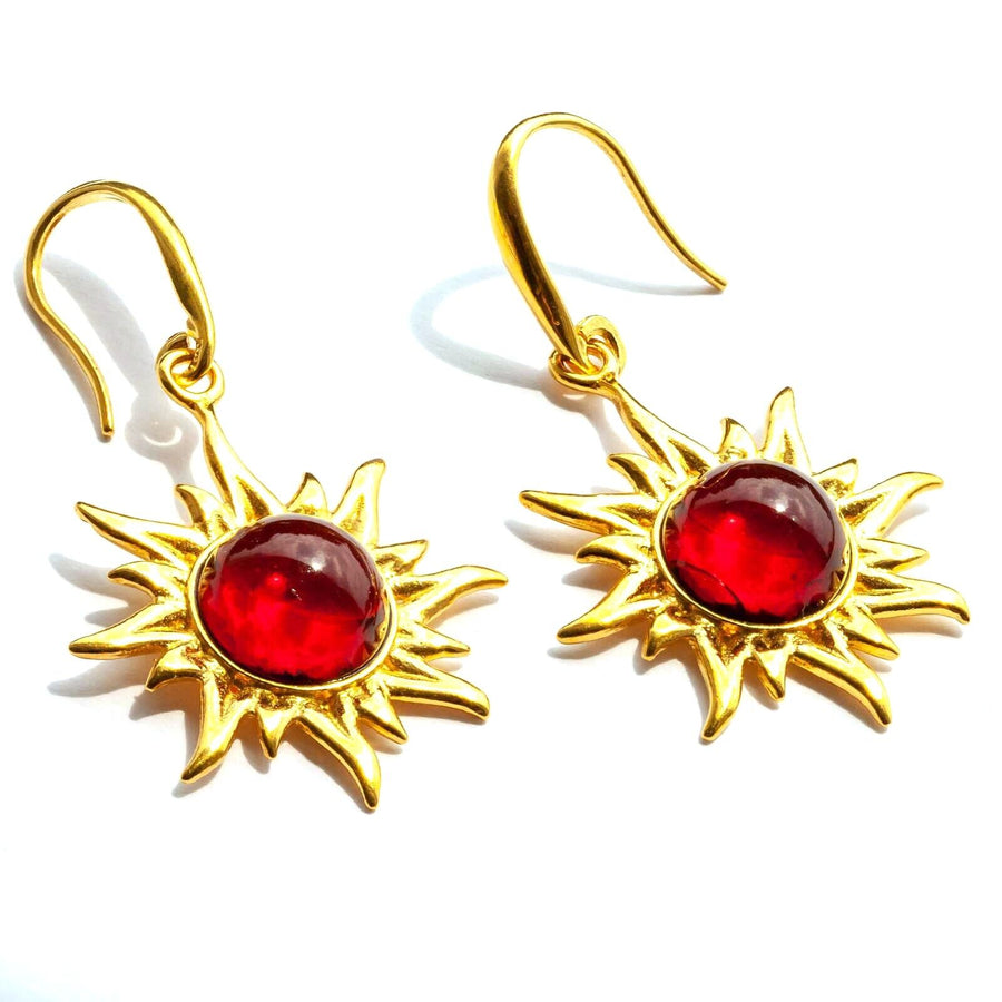 925 Solid Gold Plated Sterling Silver Red Amber Round Flaming Sun Nice Earrings