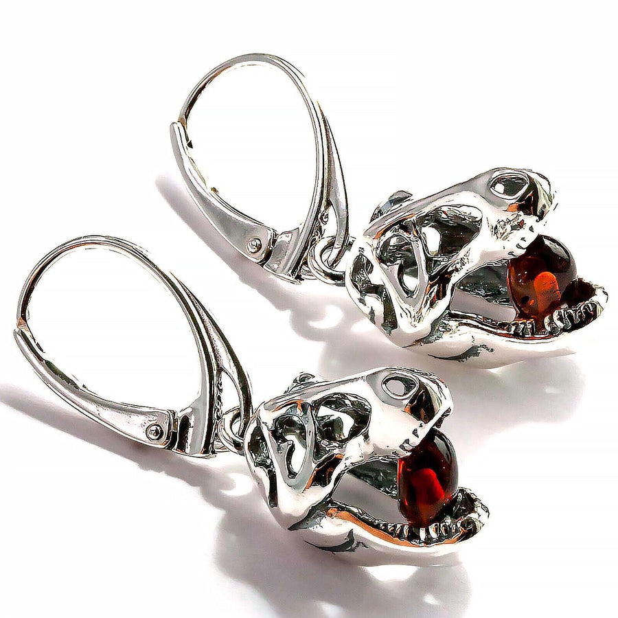 925 Solid Pure Sterling Silver Honey Baltic Amber Jurassic Park T-Rex Earrings