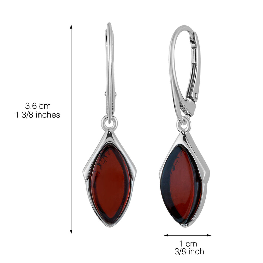 925 Solid Pure Sterling Silver Dark Red Baltic Amber Marquise Leverback Earrings