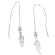 925 Solid Pure Sterling Silver Threader Crystal Feather Long Box Chain Earrings