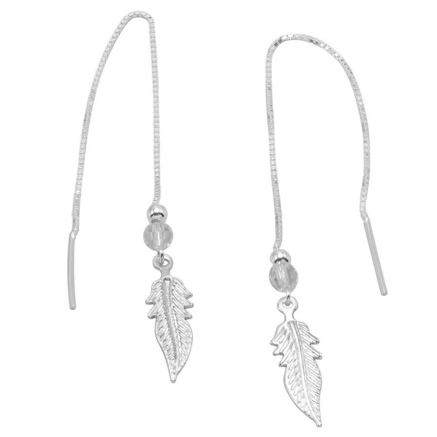 925 Solid Pure Sterling Silver Threader Crystal Feather Long Box Chain Earrings