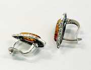 925 Solid Pure Sterling Silver Honey Baltic Amber Marquise Omega Post Earrings