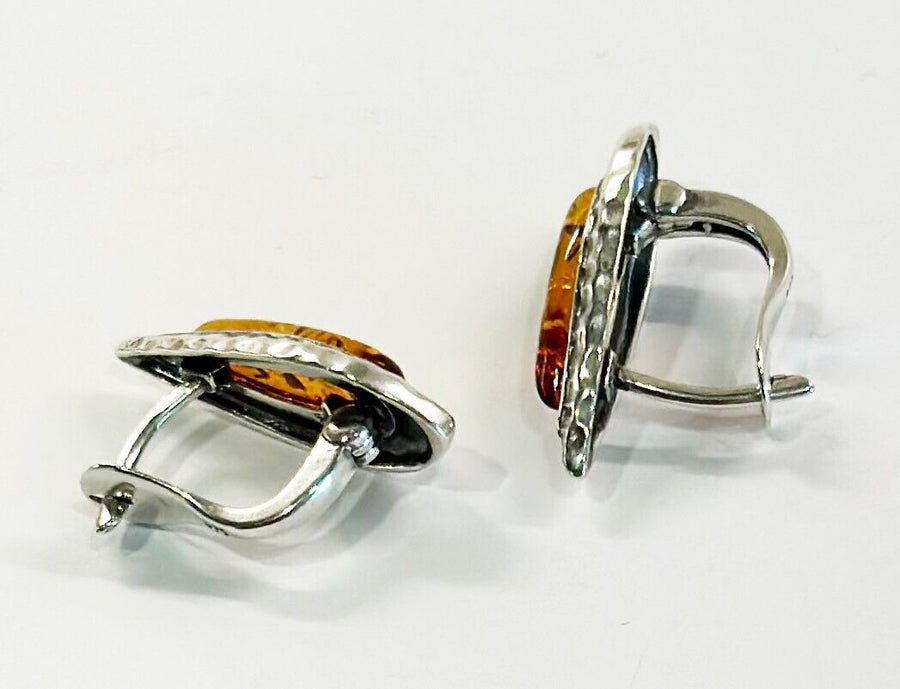 925 Solid Pure Sterling Silver Honey Baltic Amber Marquise Omega Post Earrings