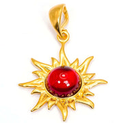 925 Solid Gold Plated Sterling Silver Red Amber Flaming Sun Beautiful Pendant