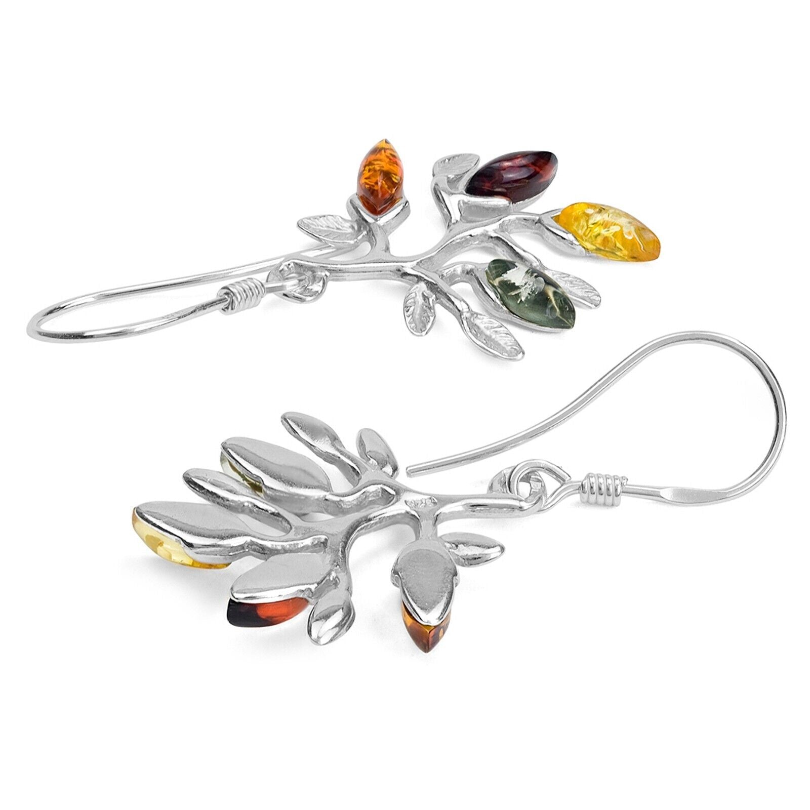 925 Solid Sterling Silver Multicolor Baltic Amber Marquise Leaves Hook Earrings