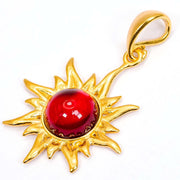 925 Solid Gold Plated Sterling Silver Red Amber Flaming Sun Beautiful Pendant