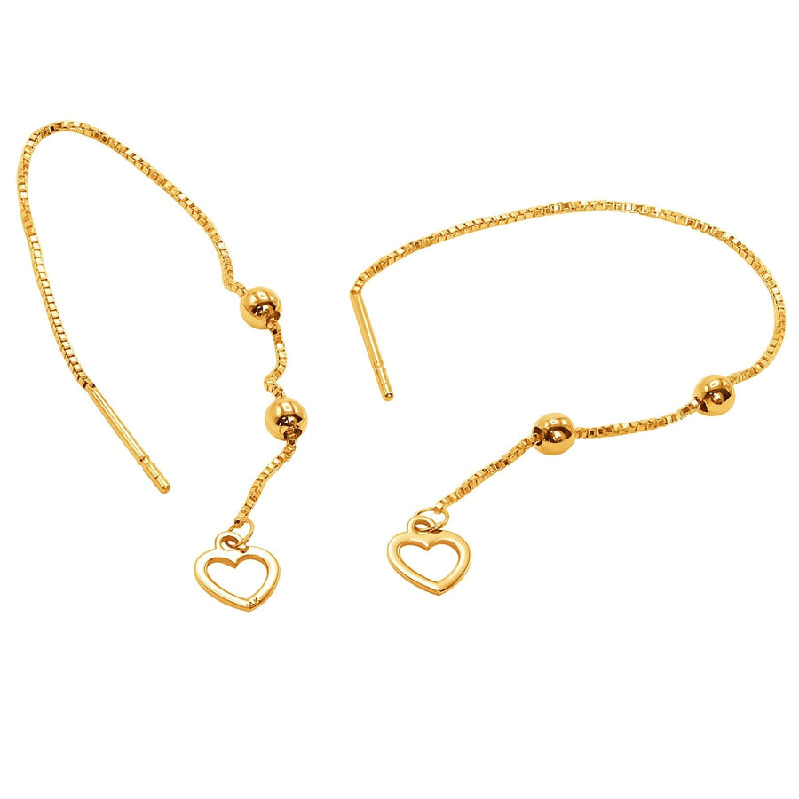 14k Pure Solid Yellow Gold Heart Long Drop Dangle Nice Threader Pretty Earrings