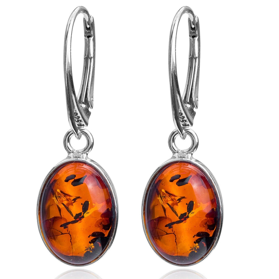 925 Solid Sterling Silver Honey Baltic Amber Oval Classic Leverback Earrings