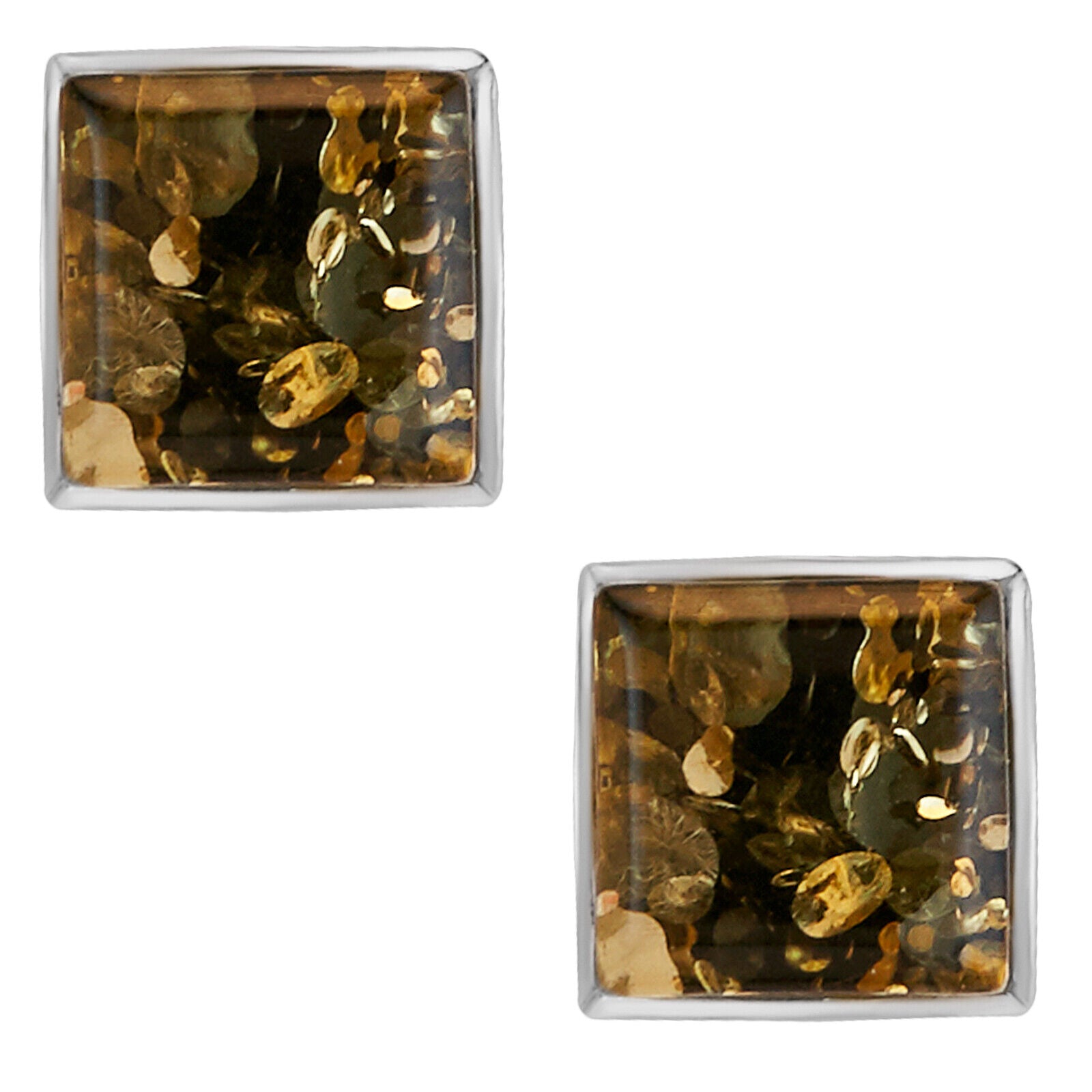 925 Solid Pure Sterling Silver Green Baltic Amber Square Medium Stud Earrings