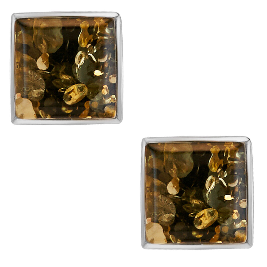 925 Solid Pure Sterling Silver Green Baltic Amber Square Medium Stud Earrings