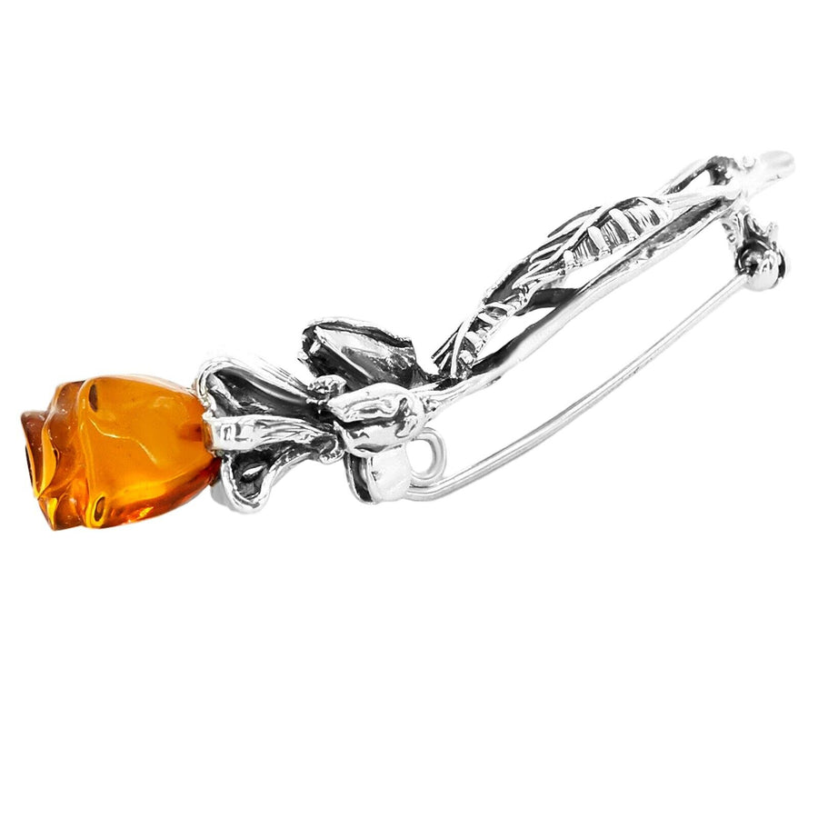 925 Solid Pure Sterling Silver Honey Baltic Amber Designer Nice Rose Brooch Pin