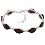 925 Sterling Silver Dark Red Baltic Amber Marquise Adjustable Bracelet 8 Inches