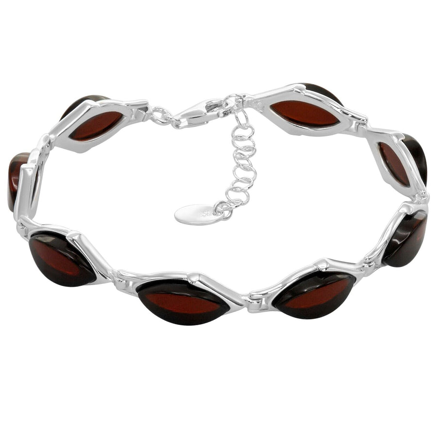 925 Sterling Silver Dark Red Baltic Amber Marquise Adjustable Bracelet 8 Inches