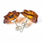925 Solid Pure Sterling Silver Honey Baltic Amber Designer Rose Stud Earrings