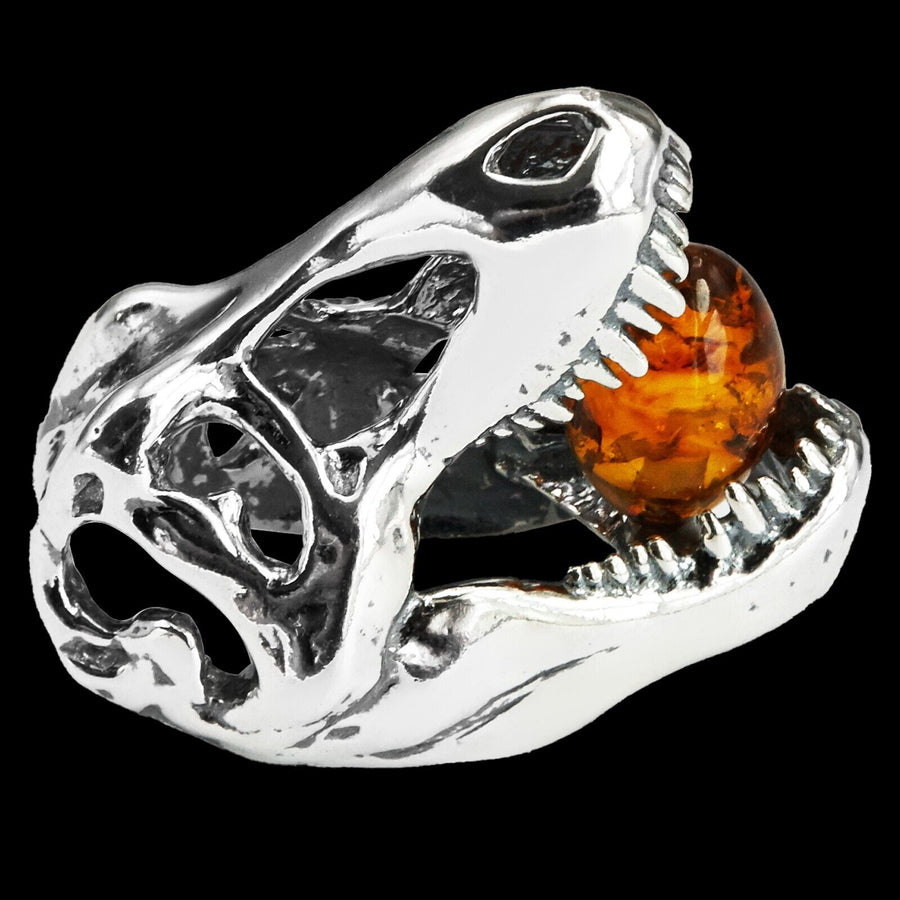 925 Solid Sterling Silver Honey Baltic Amber Jurassic Park T-Rex Slider Pendant