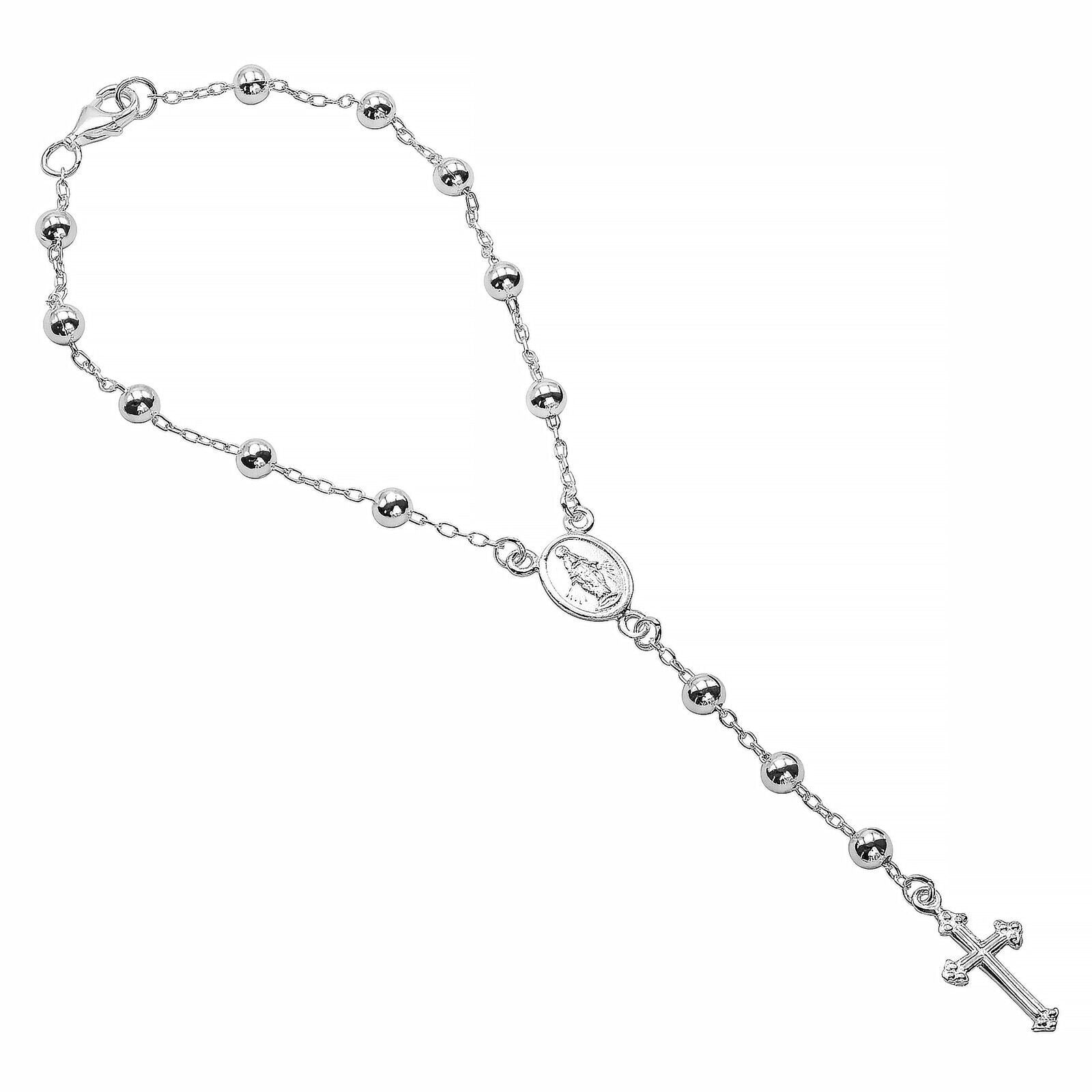 925 Solid Pure Sterling Silver Rosary Cross Virgin Mary Prayer Bracelet 7 Inches