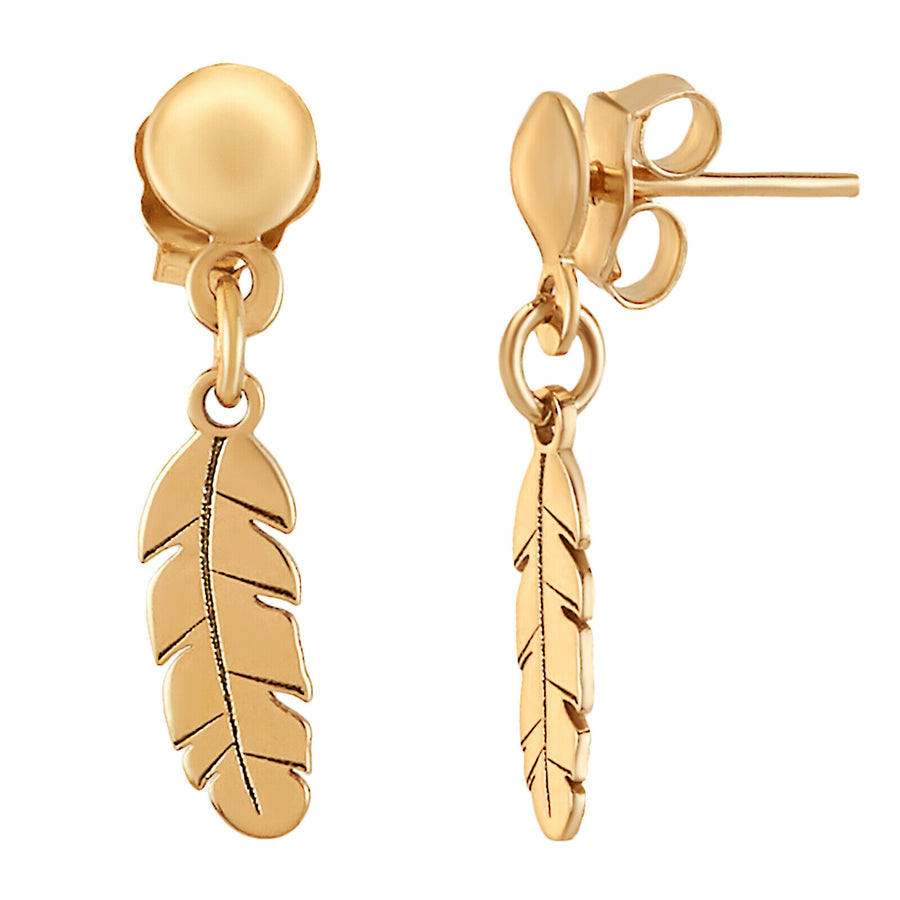 14k Solid Pure Yellow Gold Delicate Feather Designer Earrings