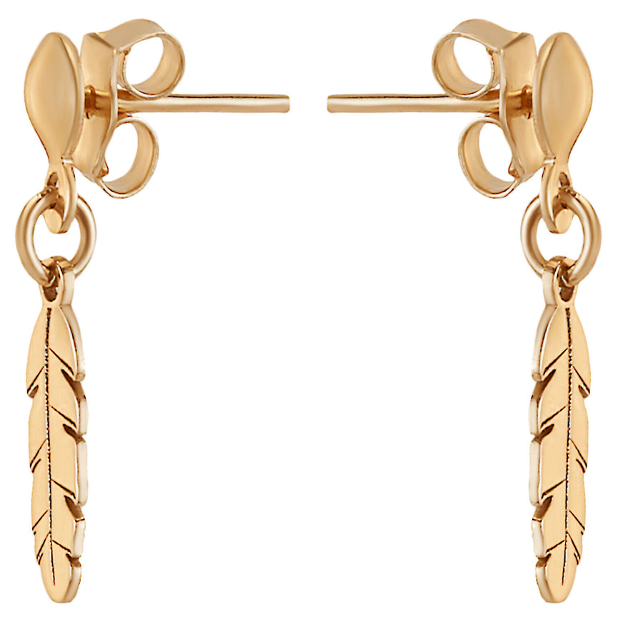 14k Solid Pure Yellow Gold Delicate Feather Designer Earrings