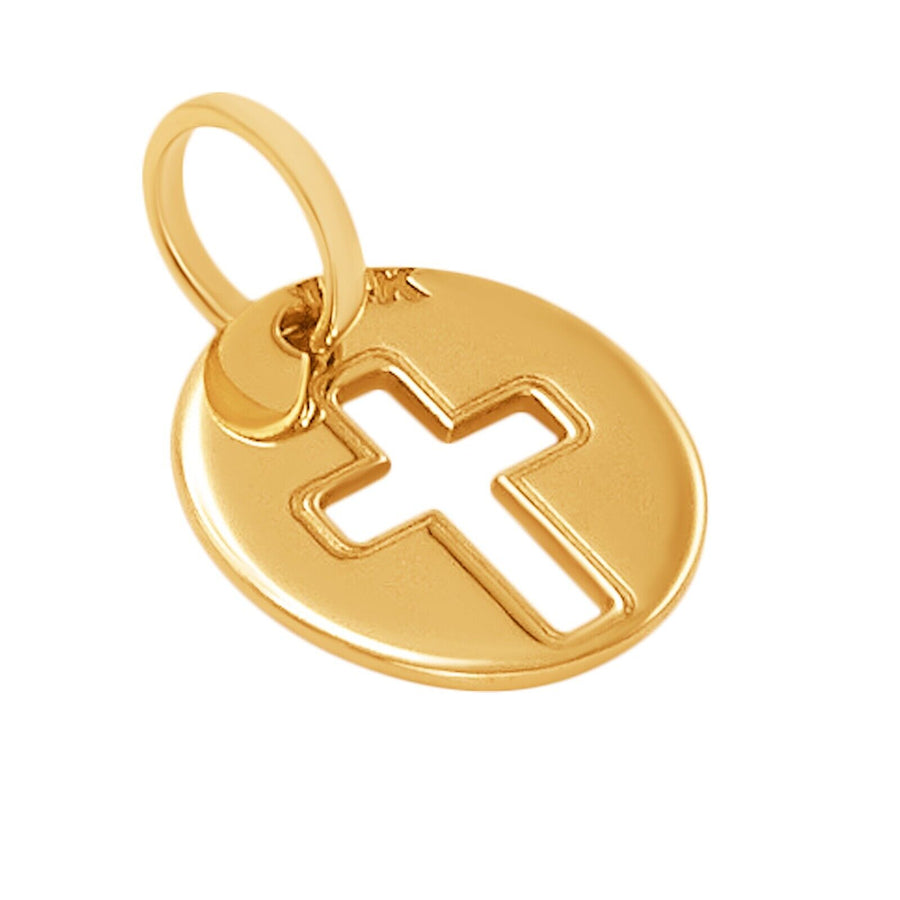 10k Pure Solid Yellow Gold Round Cross Laser Cut Small Charm Religious Pendant
