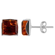 925 Solid Pure Sterling Silver Honey Baltic Amber Square Medium Stud Earrings