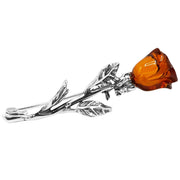 925 Solid Pure Sterling Silver Honey Baltic Amber Designer Nice Rose Brooch Pin