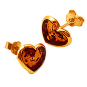 14k Pure Solid Yellow Gold Honey Baltic Amber Heart Nice Medium Stud Earrings