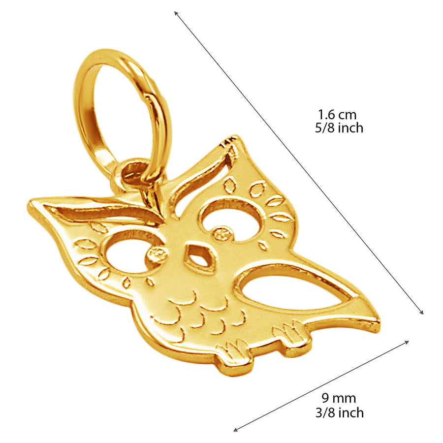 14k Solid Yellow Fine Gold Owl Wisdom Luck Gorgeous Delicate Small Charm Pendant